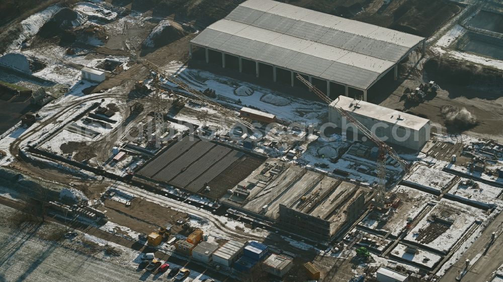 Aerial image Mehrow - Extension - new building - construction site on the factory premises of RETERRA Service GmbH Kompostwerk Trappenfelde on street Am Walde in Mehrow in the state Brandenburg, Germany
