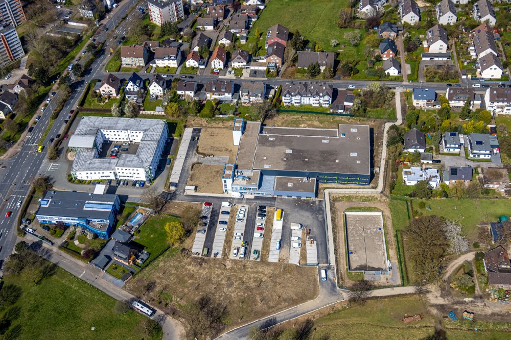 Aerial image Hagen - Extension - new building - construction site on the factory premises des Sanitaetshaus Riepe GmbH & Co. KG on Hagener Strasse - Knippschildstrasse in Hagen at Ruhrgebiet in the state North Rhine-Westphalia, Germany