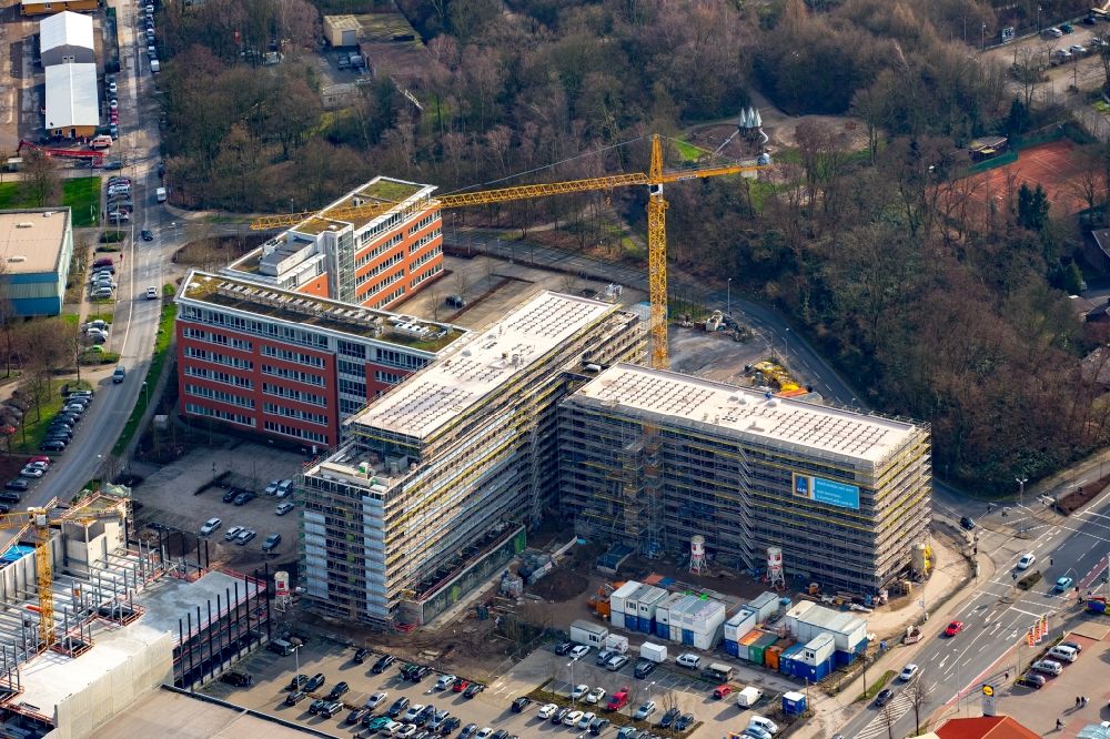 Mülheim an der Ruhr from the bird's eye view: Construction site for the new building headquarters Group of Companies ALDI SUeD in Muelheim on the Ruhr in the state North Rhine-Westphalia
