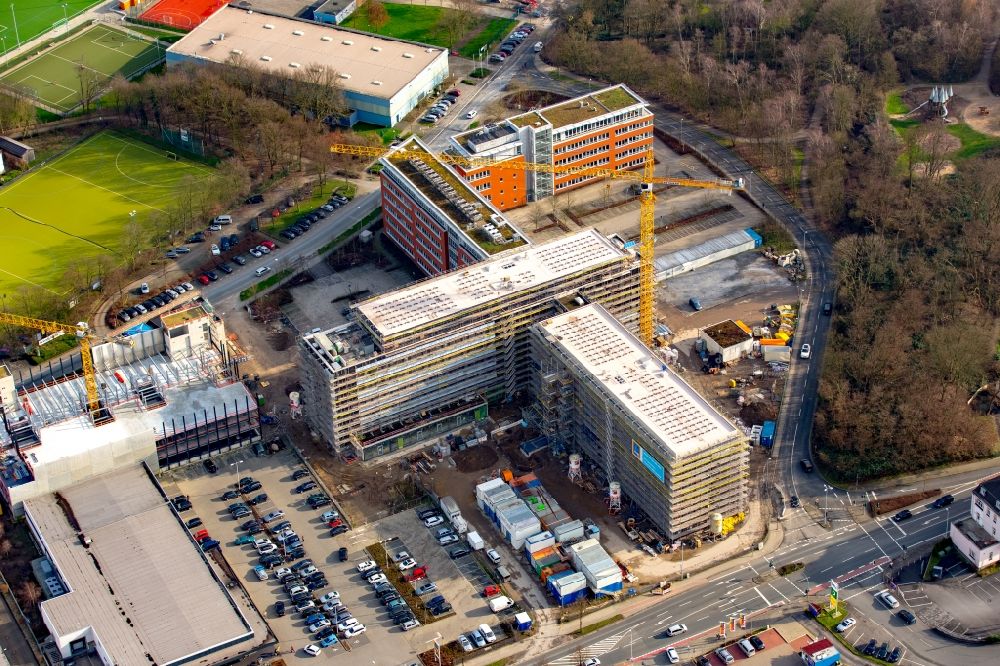 Aerial image Mülheim an der Ruhr - Construction site for the new building headquarters Group of Companies ALDI SUeD in Muelheim on the Ruhr in the state North Rhine-Westphalia