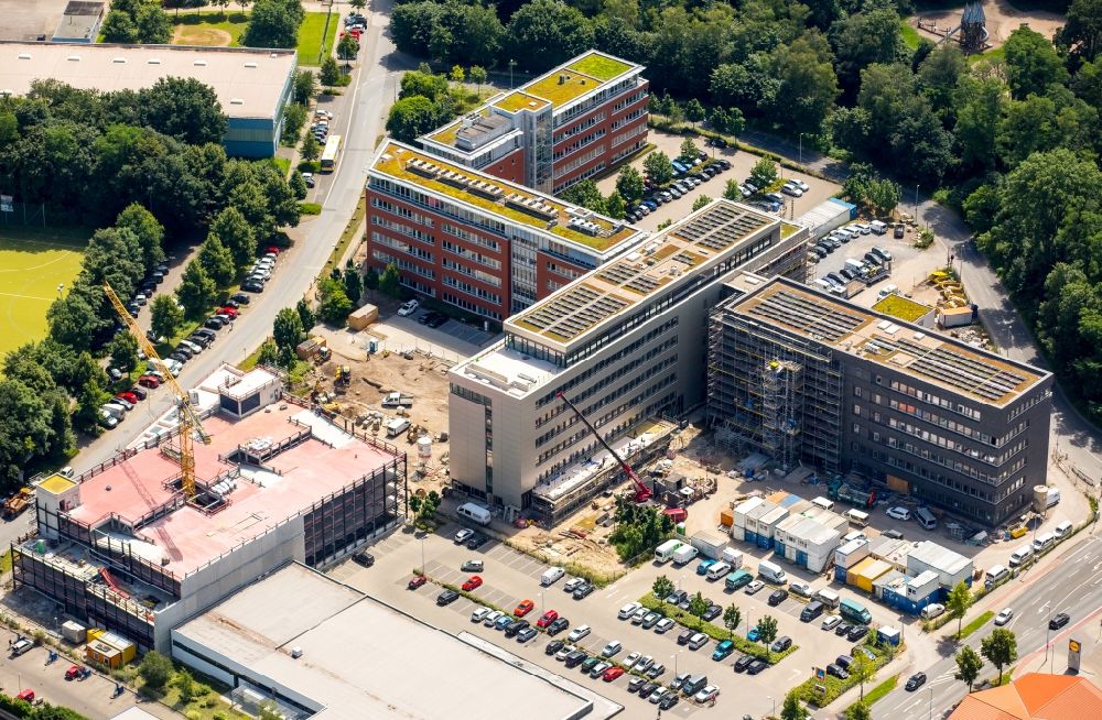 Aerial photograph Mülheim an der Ruhr - Construction site for the new building headquarters Group of Companies ALDI SUeD in Muelheim on the Ruhr in the state North Rhine-Westphalia