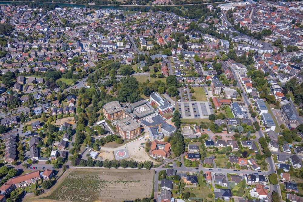 Dorsten from above - Construction site for a new extension to the hospital grounds St Elisabeth-Krankenhaus Dorsten in the district Hardt in Dorsten in the state North Rhine-Westphalia, Germany