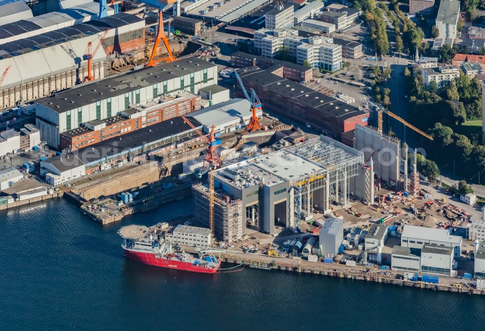 Kiel from above - Construction site for the new extension on the shipyard site of the shipyard thyssenkrupp Marine Systems GmbH in Kiel in the state Schleswig-Holstein, Germany