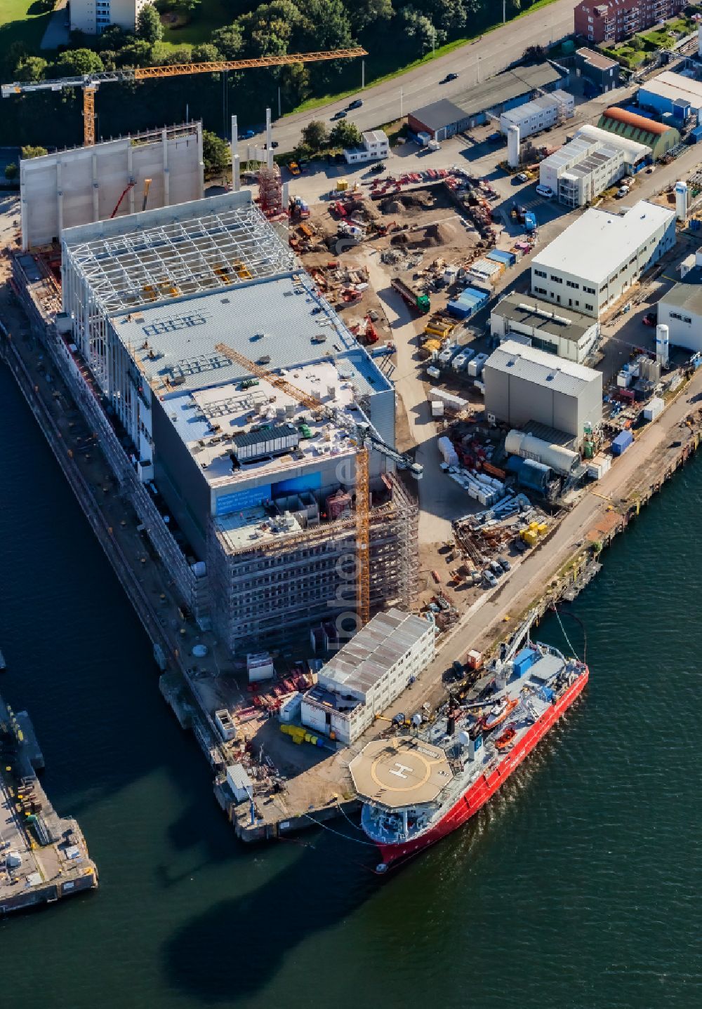Aerial image Kiel - Construction site for the new extension on the shipyard site of the shipyard thyssenkrupp Marine Systems GmbH in Kiel in the state Schleswig-Holstein, Germany