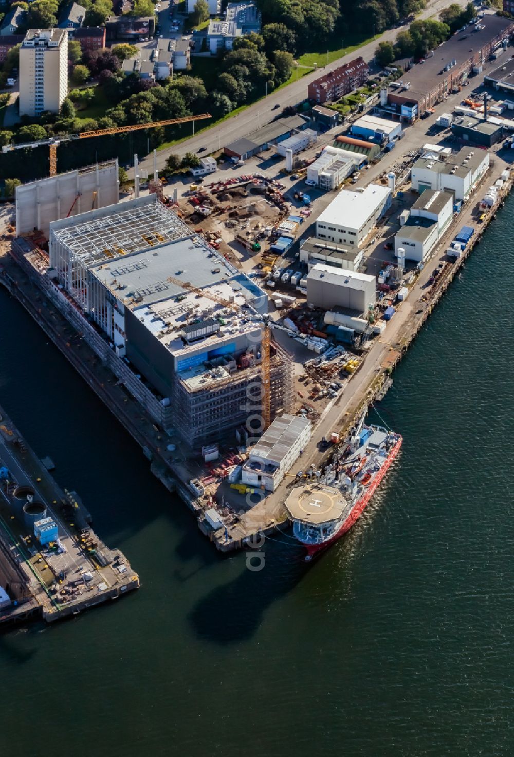 Aerial photograph Kiel - Construction site for the new extension on the shipyard site of the shipyard thyssenkrupp Marine Systems GmbH in Kiel in the state Schleswig-Holstein, Germany