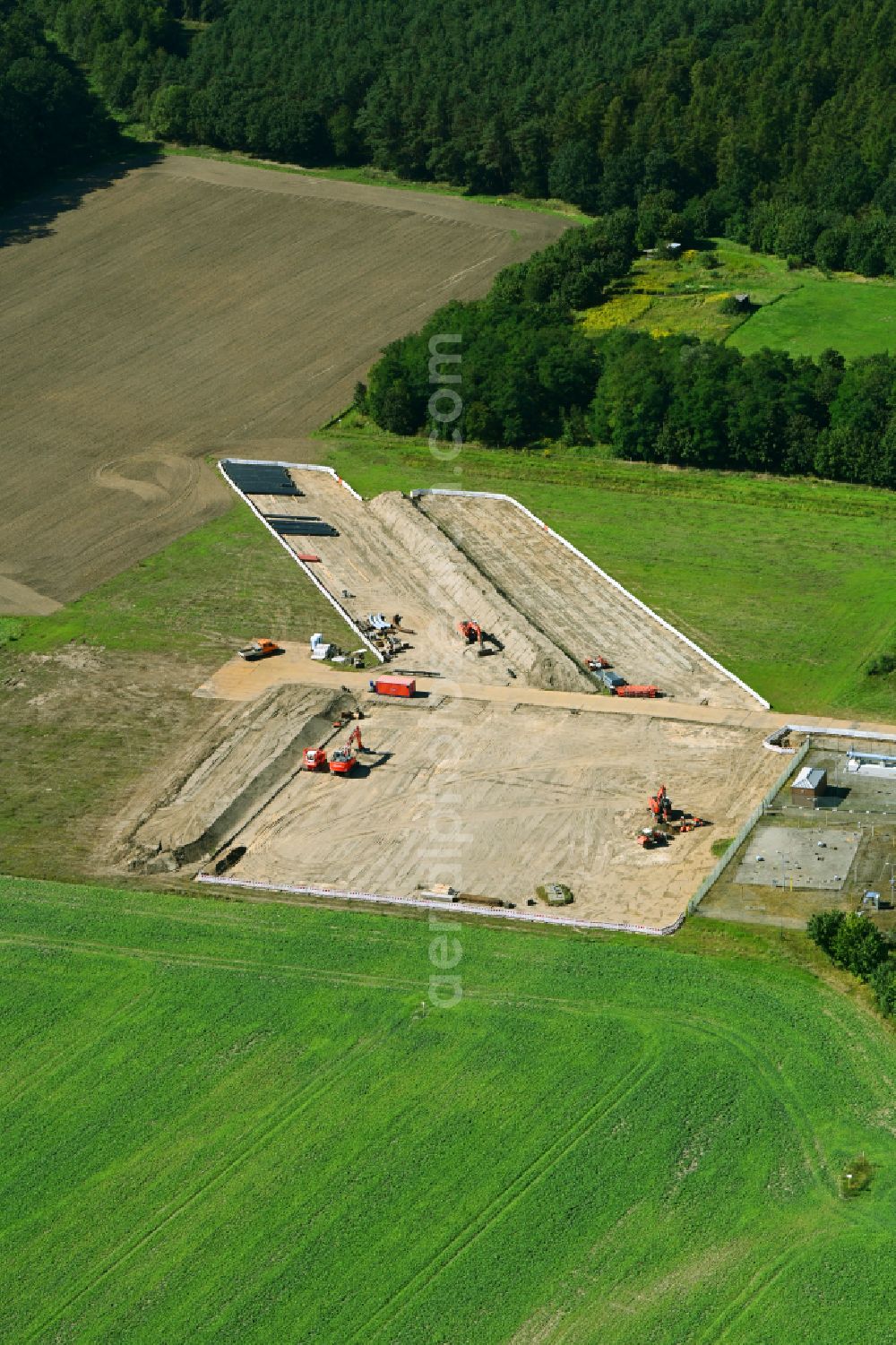 Aerial image Blumberg - LNG Construction site on building and production halls on the premises of BALANCE EnviTec Bio-LNG GmbH & Co. KG on street Birkholzer Strasse in Blumberg in the state Brandenburg, Germany