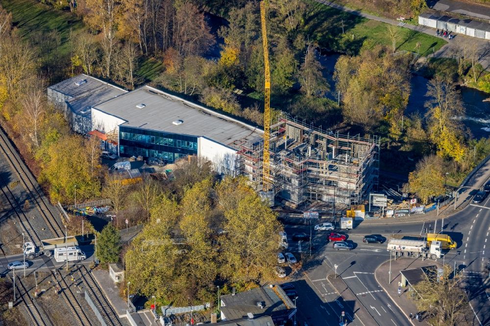 Aerial photograph Arnsberg - Construction site on building and production halls on the premises of EGLO Leuchten GmbH on Kleinbahnstrasse in the district Huesten in Arnsberg at Ruhrgebiet in the state North Rhine-Westphalia, Germany