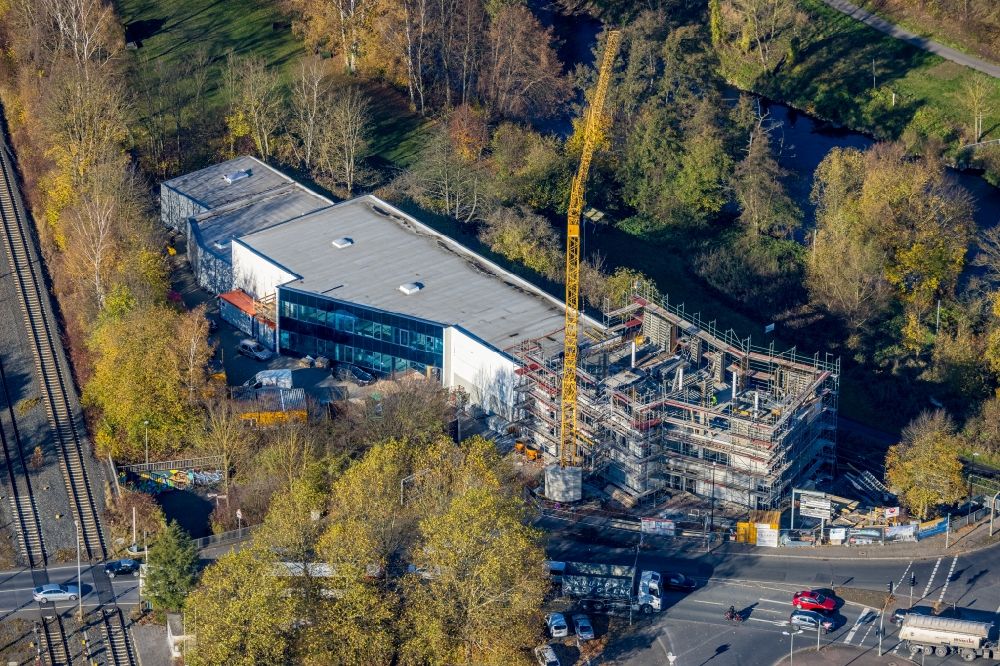 Arnsberg from above - Construction site on building and production halls on the premises of EGLO Leuchten GmbH on Kleinbahnstrasse in the district Huesten in Arnsberg at Ruhrgebiet in the state North Rhine-Westphalia, Germany