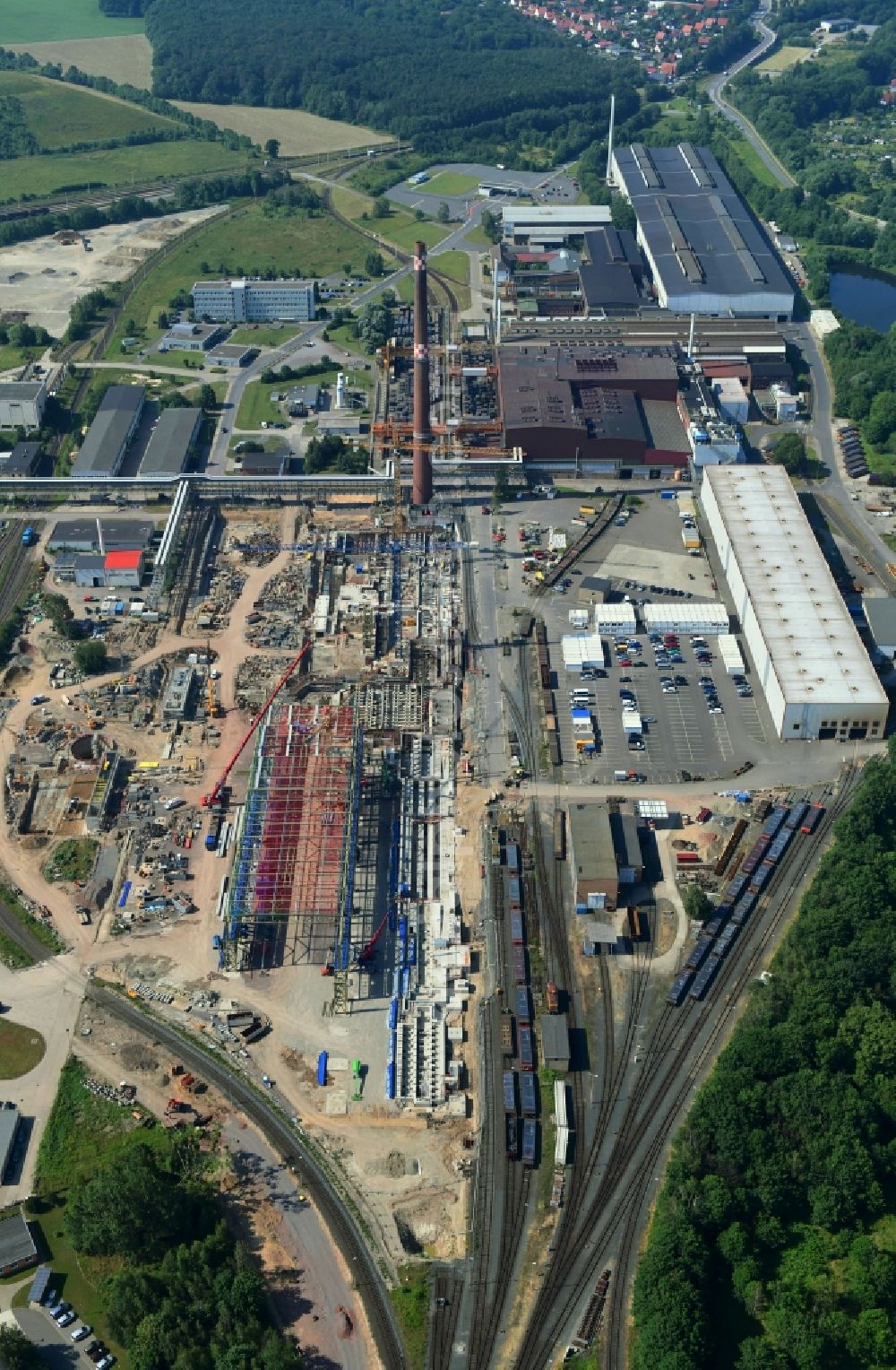 Aerial photograph Ilsenburg (Harz) - Construction site on building and production halls on the premises of Ilsenburger Grobblech GmbH in Ilsenburg (Harz) in the state Saxony-Anhalt, Germany