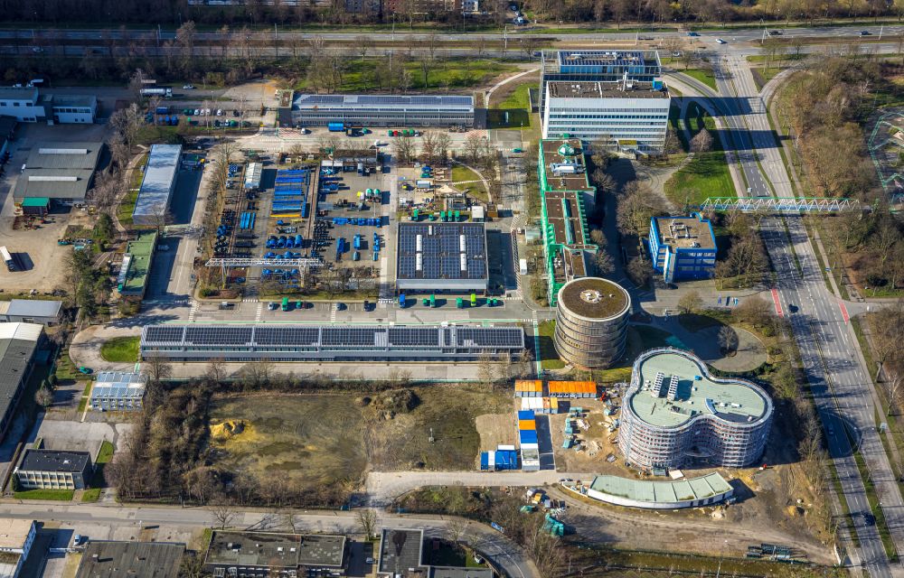 Gelsenkirchen from above - Construction site on building and production halls on the premises fuer ein Laborgebaeude of Gelsenwasser on Willy-Brandt-Allee in the district Erle in Gelsenkirchen at Ruhrgebiet in the state North Rhine-Westphalia, Germany