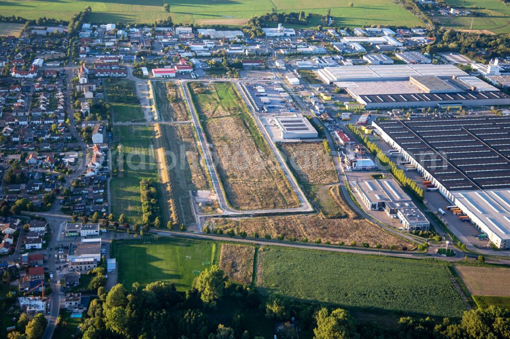 Aerial photograph Offenbach an der Queich - New building construction site in the industrial park Interpark on street Birkenallee in Offenbach an der Queich in the state Rhineland-Palatinate, Germany