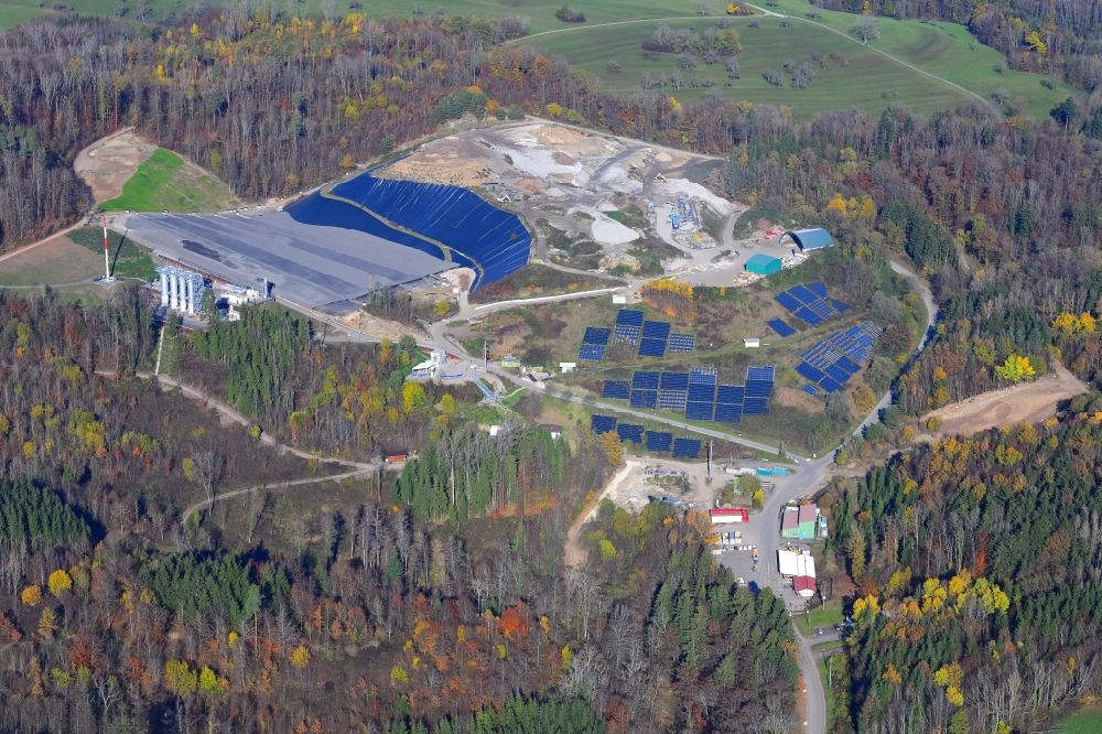 Wehr from the bird's eye view: Site of heaped landfill Lachengraben with construction works and cleared area to expand the storage site in Wehr in the state Baden-Wurttemberg
