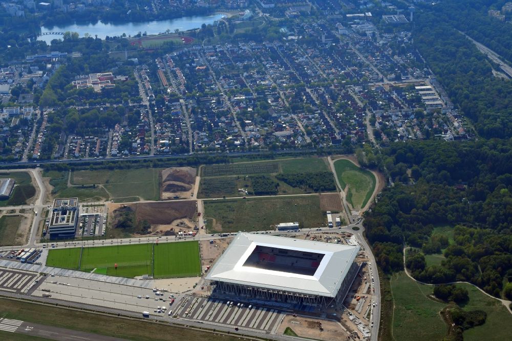 Aerial photograph Freiburg im Breisgau - Ssports ground of the stadium SC-Stadion of Stadion Freiburg Objekttraeger GmbH & Co. KG (SFG) in the district Bruehl in Freiburg im Breisgau in the state Baden-Wurttemberg, Germany