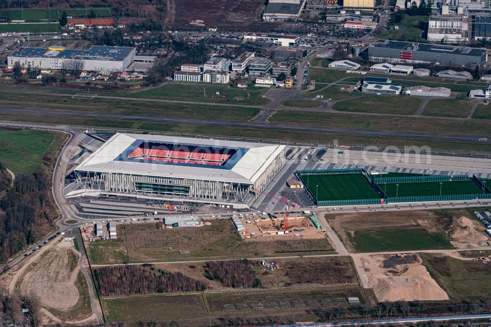 Freiburg im Breisgau from above - Ssports ground of the stadium SC-Stadion of Stadion Freiburg Objekttraeger GmbH & Co. KG (SFG) in the district Bruehl in Freiburg im Breisgau in the state Baden-Wurttemberg, Germany