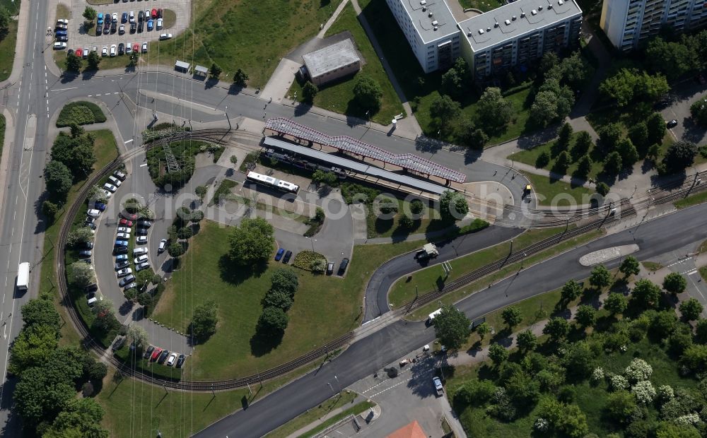 Aerial image Erfurt - Tram-turn loop on Europaplatz in the district Gispersleben in Erfurt in the state Thuringia, Germany