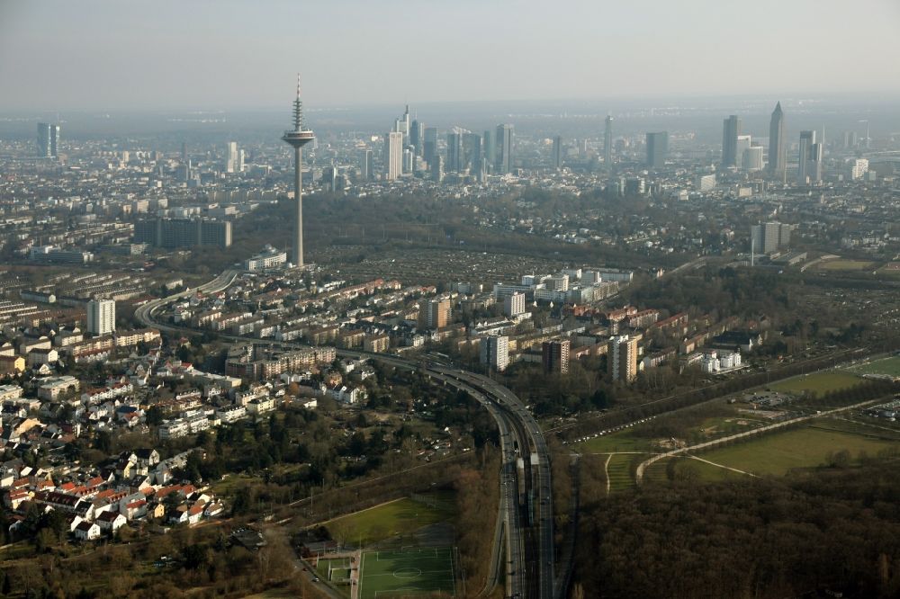 Aerial photograph Frankfurt am Main - The Europe Tower in Frankfurt am Main, Bockenheim in Hesse is usually referred to as a television tower. Its official name is the radio transmission point Frankfurt 16. On left behind of the tower is the building of the Bundesbank and the skyline in the background
