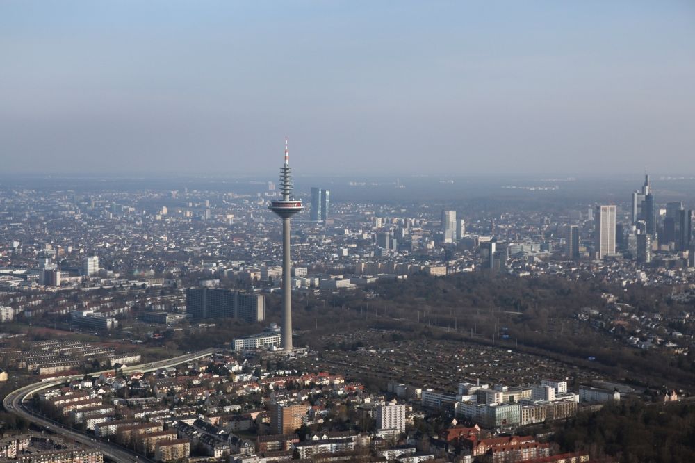 Frankfurt am Main from the bird's eye view: The Europe Tower in Frankfurt am Main, Bockenheim in Hesse is usually referred to as a television tower. Its official name is the radio transmission point Frankfurt 16. On left behind of the tower is the building of the Bundesbank and the skyline in the background