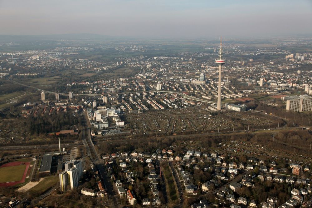 Aerial photograph Frankfurt am Main - The Europe Tower in Frankfurt am Main, Bockenheim in Hesse is usually referred to as a television tower