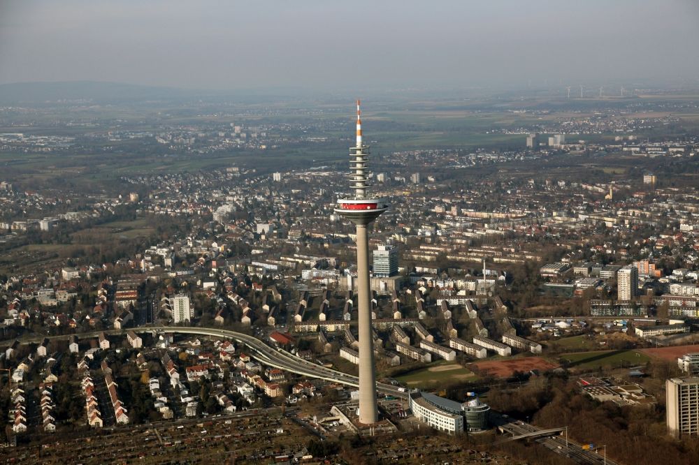 Frankfurt am Main from the bird's eye view: The Europe Tower in Frankfurt am Main, Bockenheim in Hesse is usually referred to as a television tower