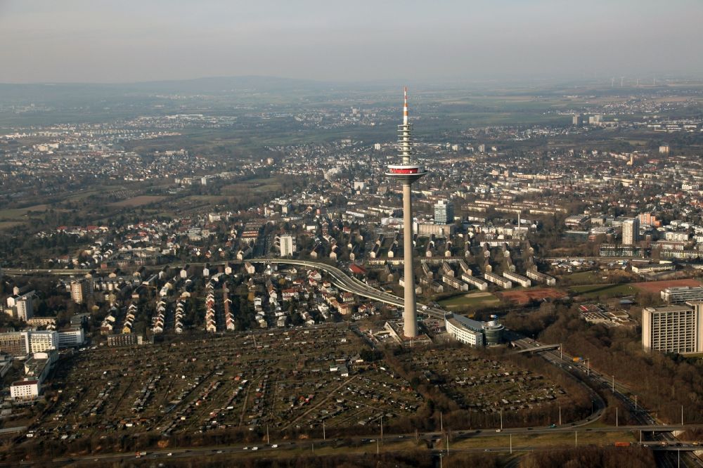 Aerial image Frankfurt am Main - The Europe Tower in Frankfurt am Main, Bockenheim in Hesse is usually referred to as a television tower