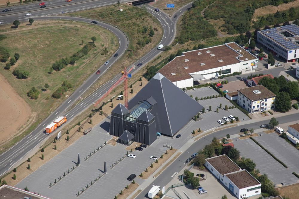 Aerial image Mainz - Eventlocation in Mainz in the state Rhineland-Palatinate. Eventpyramide in Mainz in Rhineland-Palatinate. In the industrial area of Mainz Hechtsheim next to the A60 was created in a ten year construction period an Eventlocation. The manager is the dentist Dr. Harald Geiling, Mainz, who built the project essentially in own contribution with some helpers