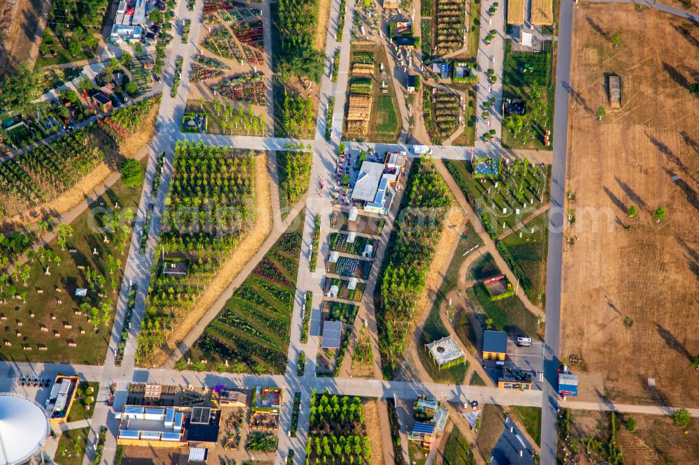 Mannheim from above - EXPERIMENTAL FIELD at the exhibition grounds in the Spinelli Park of the Federal Horticultural Show Mannheim BUGA23 in Mannheim in the state Baden-Wuerttemberg, Germany