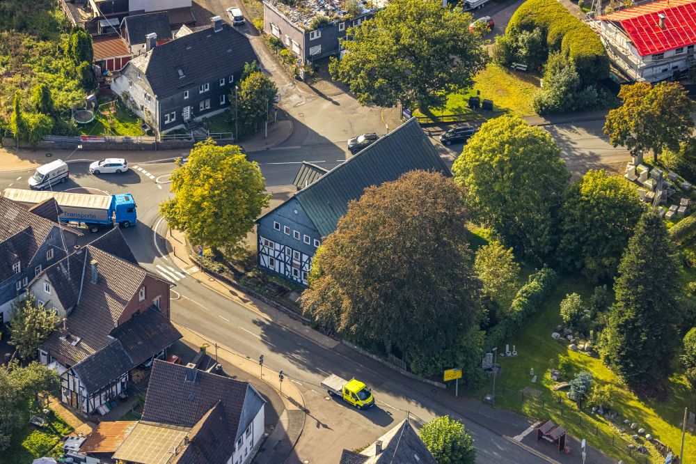 Aerial image Krombach - Half-timbered house on Olper Street in Krombach in the Siegerland in the state of North Rhine-Westphalia, Germany