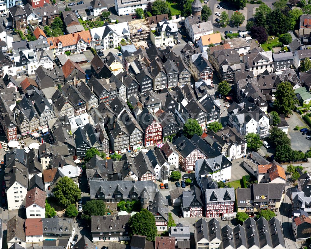 Aerial image Herborn - Half-timbered house and multi-family house- residential area in the old town area and inner city center on street Hauptstrasse in Herborn in the state Hesse, Germany