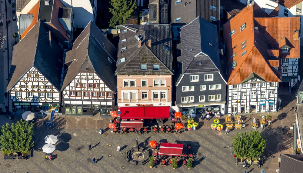 Aerial image Unna - Half-timbered house and multi-family house- residential area in the old town area and inner city center on street Markt in Unna at Ruhrgebiet in the state North Rhine-Westphalia, Germany