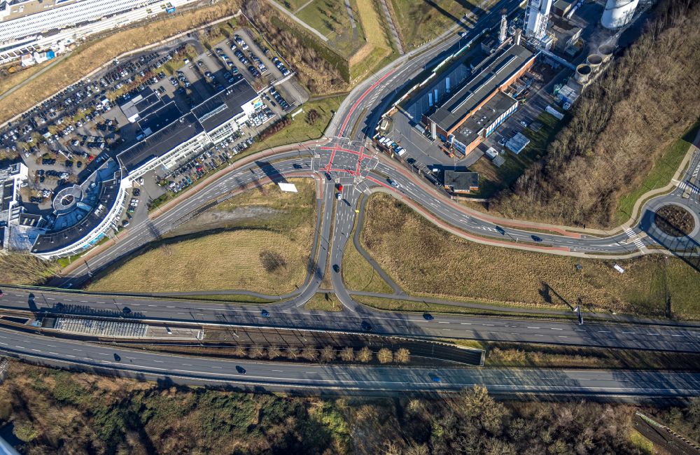 Dortmund from above - Color markings of the lanes of road traffic in the course of the road crossing Nortkirchenstrasse - Konrad-Adenauer-Allee in the district Phoenix West in Dortmund at Ruhrgebiet in the state North Rhine-Westphalia, Germany