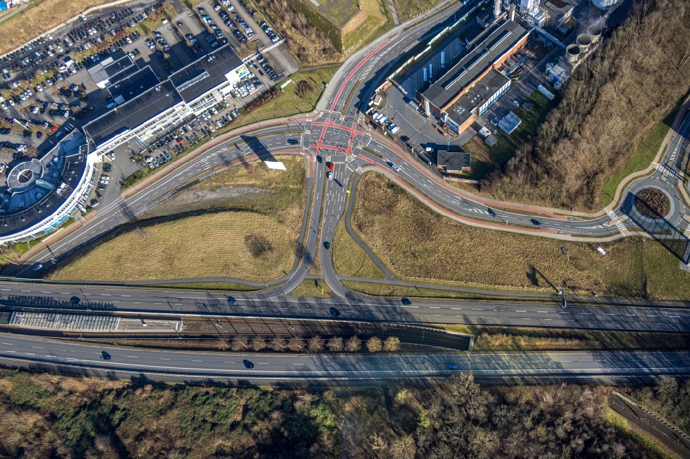 Dortmund from the bird's eye view: Color markings of the lanes of road traffic in the course of the road crossing Nortkirchenstrasse - Konrad-Adenauer-Allee in the district Phoenix West in Dortmund at Ruhrgebiet in the state North Rhine-Westphalia, Germany