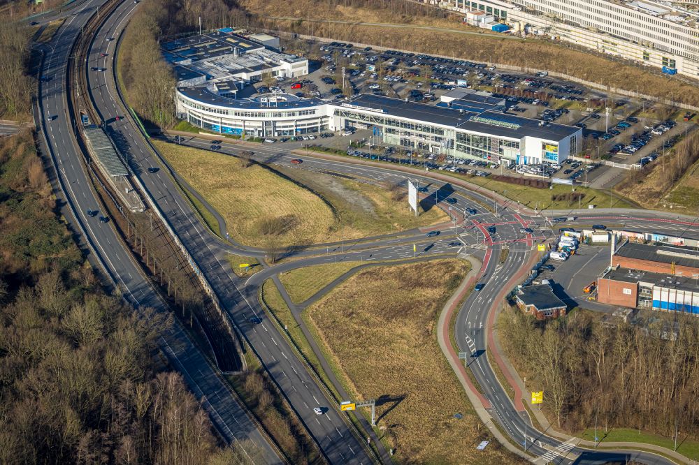 Aerial image Dortmund - Color markings of the lanes of road traffic in the course of the road crossing Nortkirchenstrasse - Konrad-Adenauer-Allee in the district Phoenix West in Dortmund at Ruhrgebiet in the state North Rhine-Westphalia, Germany