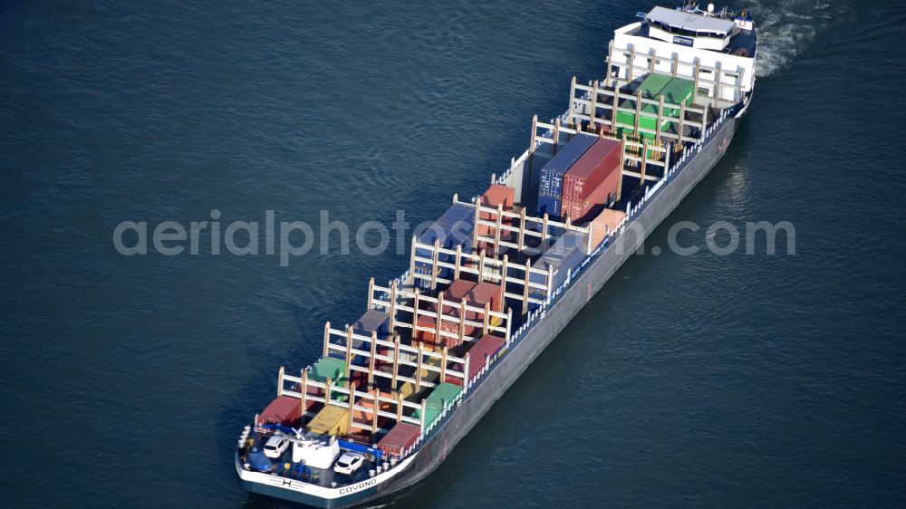 Aerial image Bonn - Sailing container ship Covano on rhine river in Bonn in the state North Rhine-Westphalia, Germany