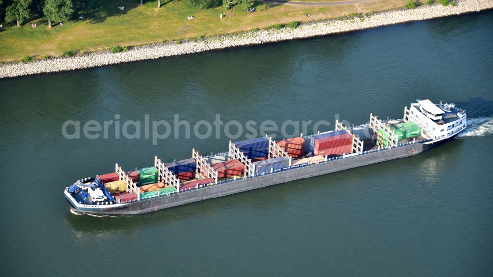 Aerial photograph Bonn - Sailing container ship Covano on rhine river in Bonn in the state North Rhine-Westphalia, Germany