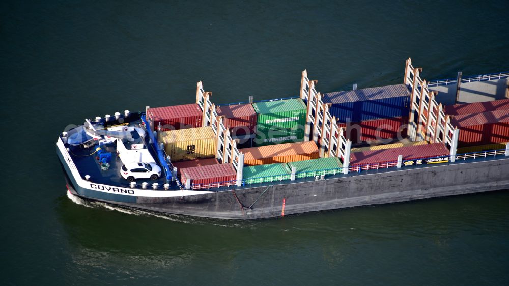 Bonn from above - Sailing container ship Covano on rhine river in Bonn in the state North Rhine-Westphalia, Germany
