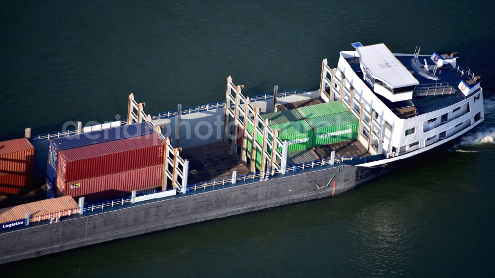 Bonn from the bird's eye view: Sailing container ship Covano on rhine river in Bonn in the state North Rhine-Westphalia, Germany