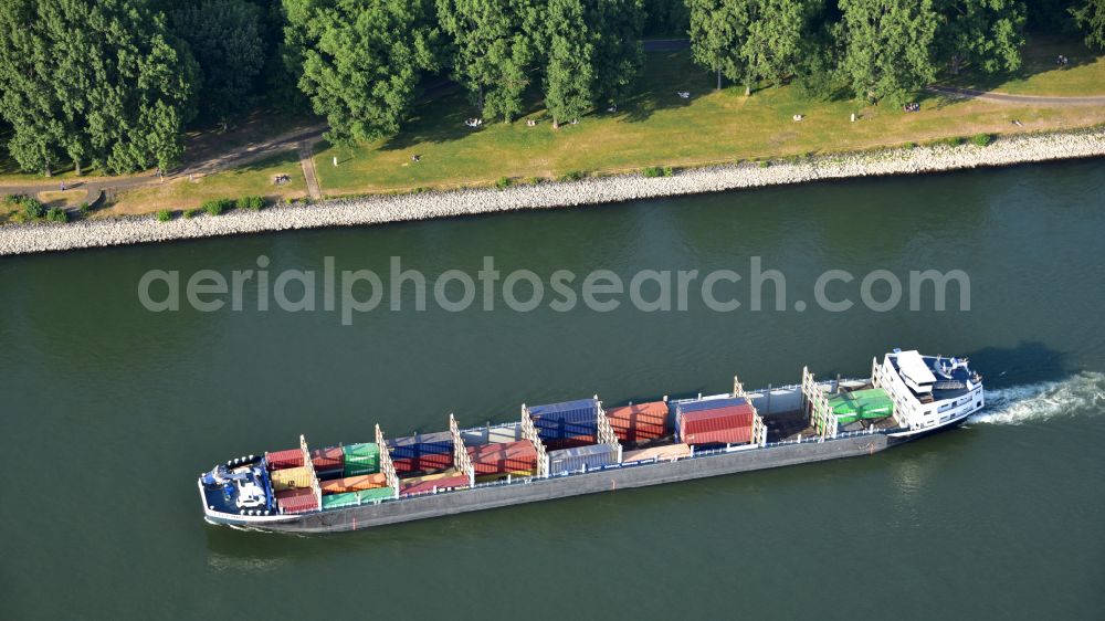 Aerial image Bonn - Sailing container ship Covano on rhine river in Bonn in the state North Rhine-Westphalia, Germany