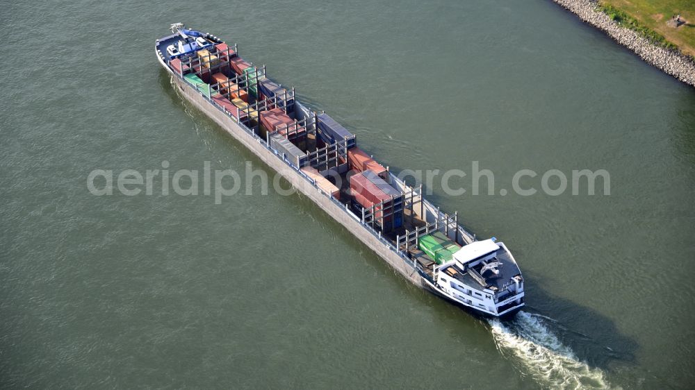 Aerial photograph Bonn - Sailing container ship Covano on rhine river in Bonn in the state North Rhine-Westphalia, Germany