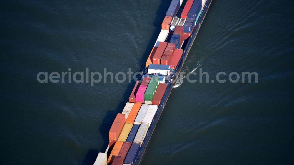 Bonn from above - Sailing container ship on the river course of the Rhine in Bonn in the state North Rhine-Westphalia, Germany