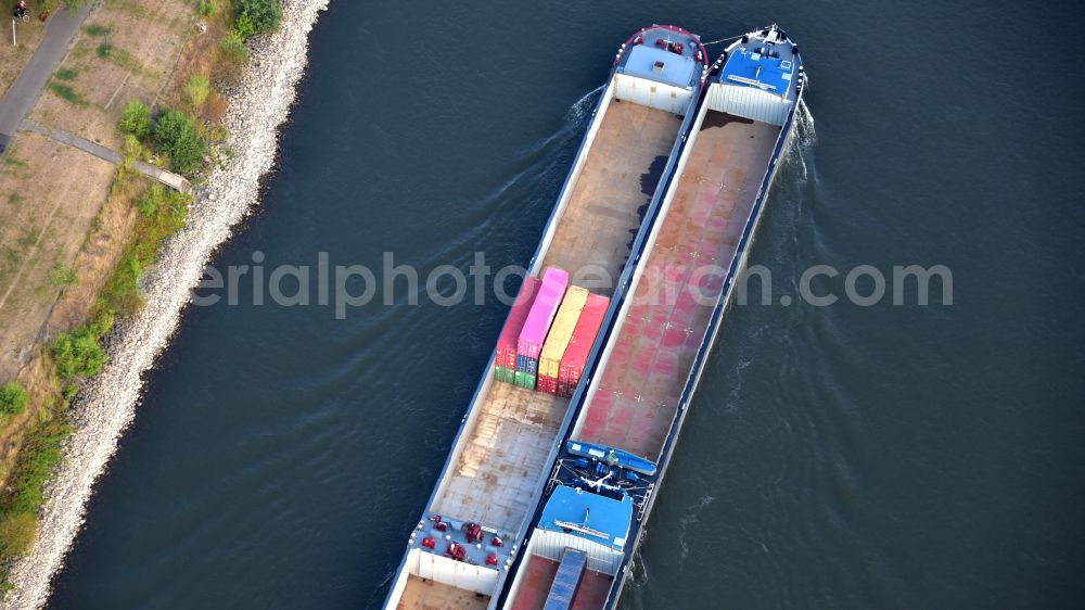 Bonn from the bird's eye view: Journey of a container ship Millenium II on the river Rhine in Bonn in the state North Rhine-Westphalia, Germany