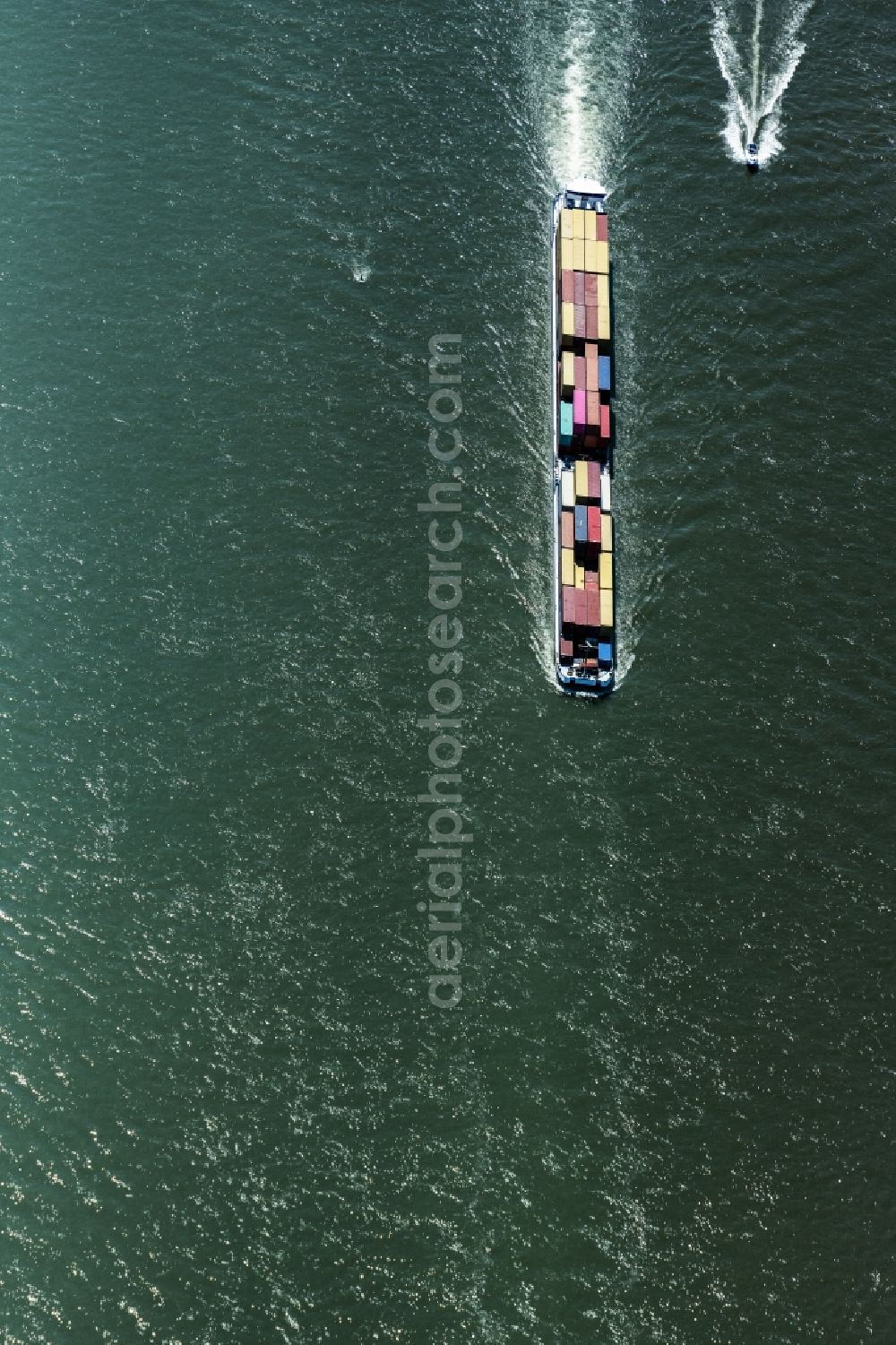 Oestrich-Winkel from above - Sailing container ship on Rhein in Oestrich-Winkel in the state Hesse, Germany
