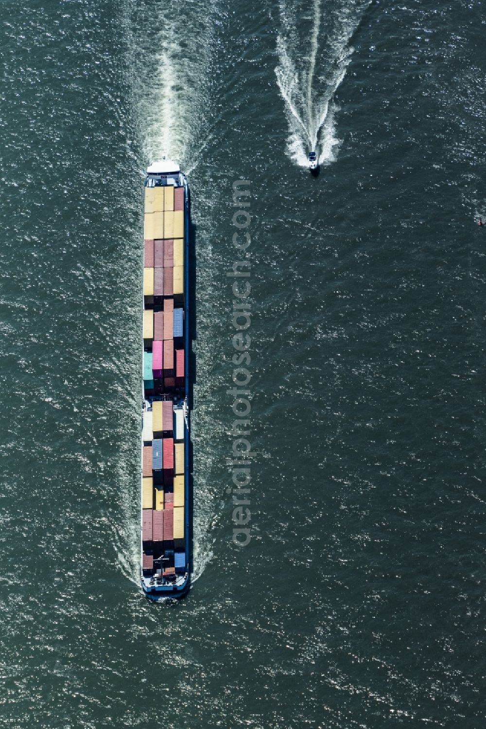 Oestrich-Winkel from above - Sailing container ship on Rhein in Oestrich-Winkel in the state Hesse, Germany