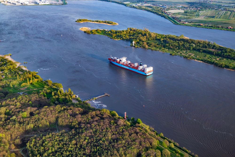 Hamburg from the bird's eye view: Maersk container ship sailing on the Elbe in Hamburg, Germany