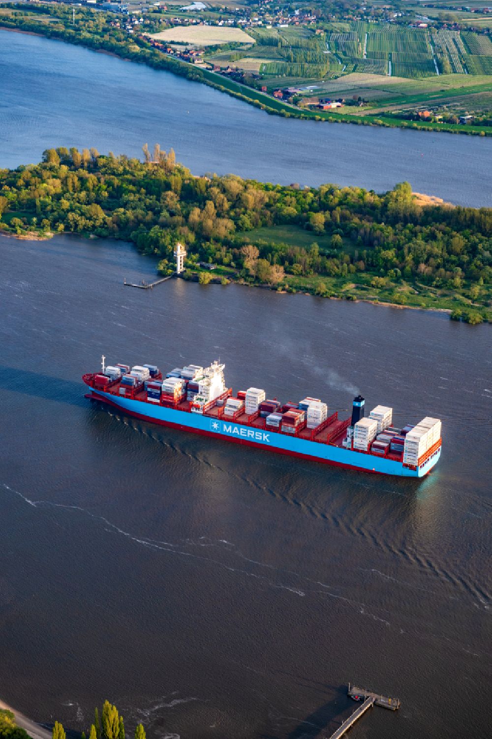 Aerial image Hamburg - Maersk container ship sailing on the Elbe in Hamburg, Germany