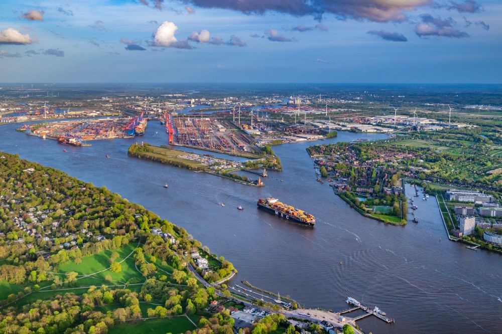 Aerial photograph Hamburg - Maersk container ship sailing on the Elbe in Hamburg, Germany
