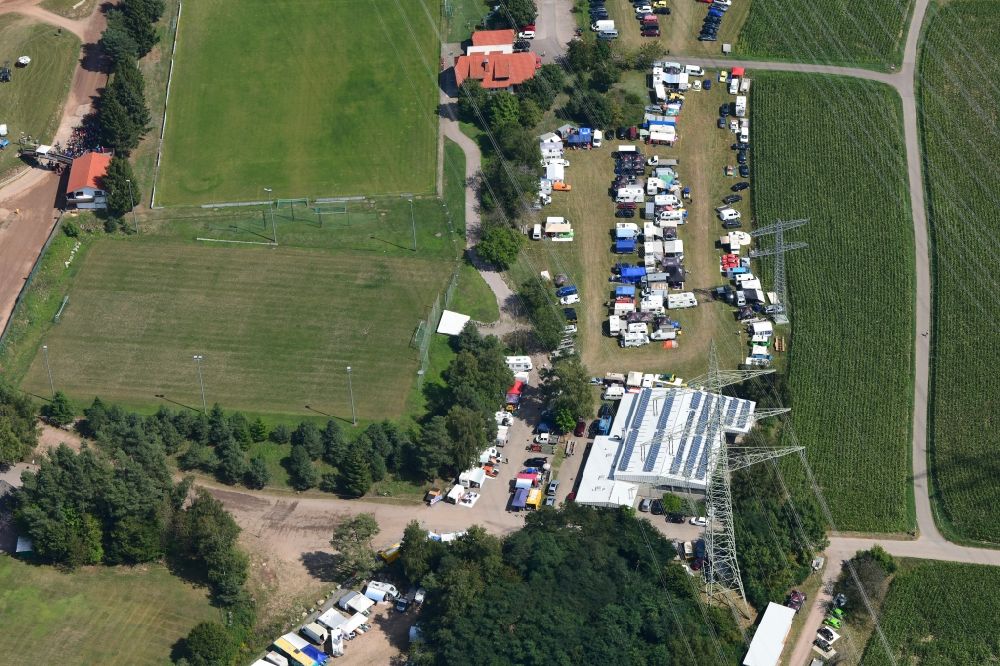 Albbruck from the bird's eye view: Paddock of the race event and international autocross race in the sandpit in the district Schachen in Albbruck in the state Baden-Wurttemberg, Germany