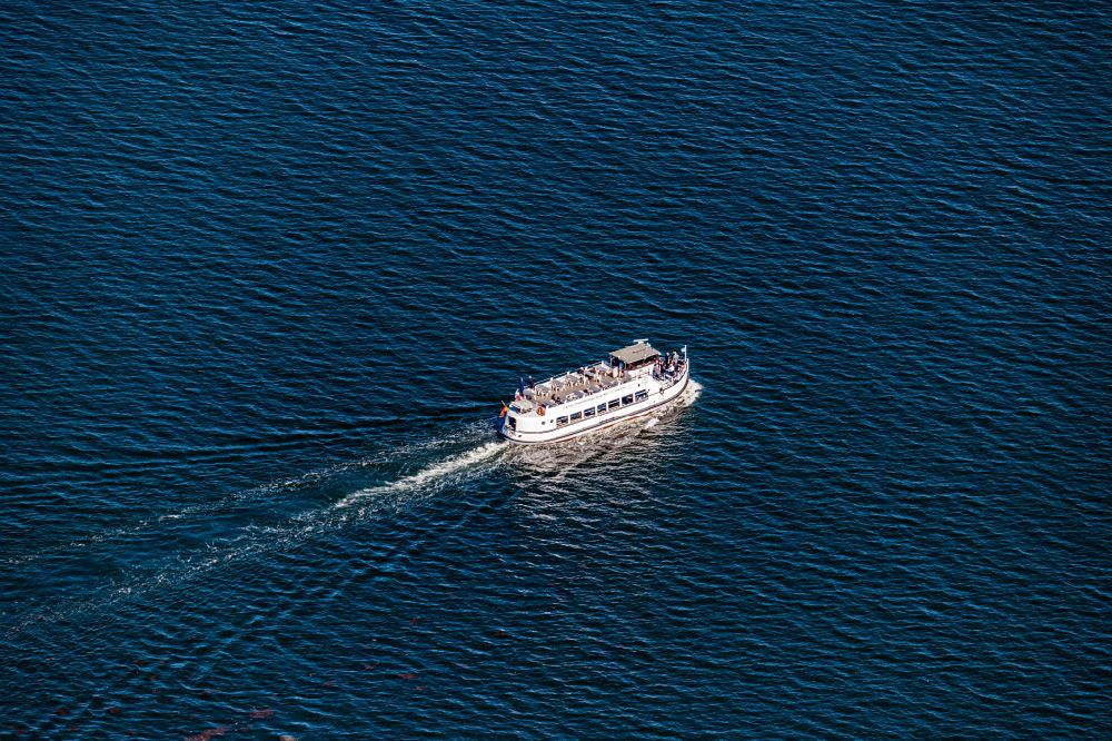 Mönchgut from above - Passenger ship MS Astor on the backwaters in Peenemuende on the island of Usedom in the state Mecklenburg - Western Pomerania, Germany