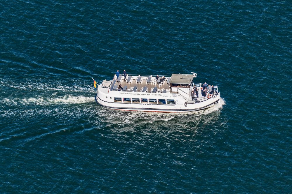 Aerial photograph Mönchgut - Passenger ship MS Astor on the backwaters in Peenemuende on the island of Usedom in the state Mecklenburg - Western Pomerania, Germany