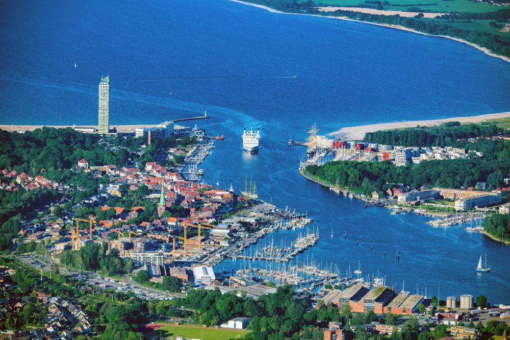 Aerial image Lübeck - Ride a ferry ship of TT-Line in Travemuende in Luebeck in the state Schleswig-Holstein, Germany