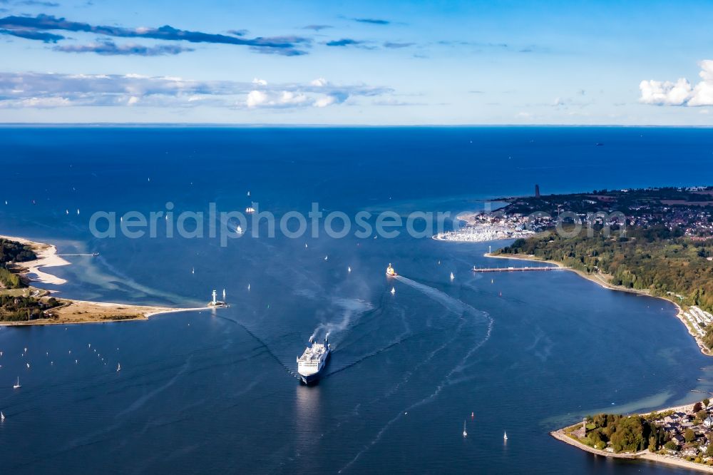 Aerial photograph Kiel - First call of the ferry AURA SEAWAYS in the Kiel Fjord in Kiel in the state Schleswig-Holstein, Germany. The 230-meter-long RoPax ferry was built in the Guangzhou Shipyard in China and is now in scheduled service across the Baltic Sea from Kiel to Klaipeda